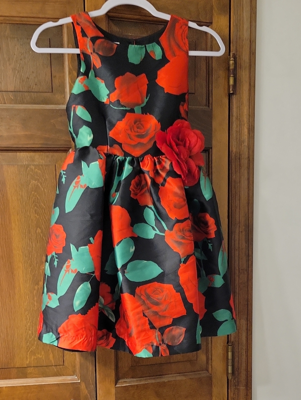 Pippa & Julie Black Dress with Bright Red Roses and Green Leaves
